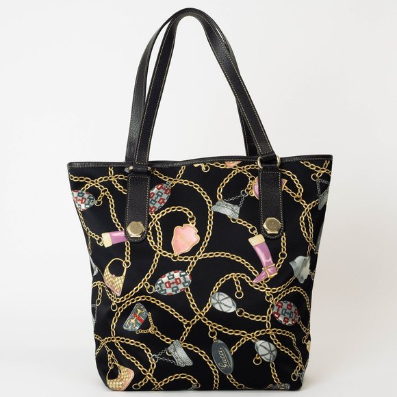 Gucci | Bags | Gucci Satin Tote Bag Chain Pattern 5309 Black Womens ...
